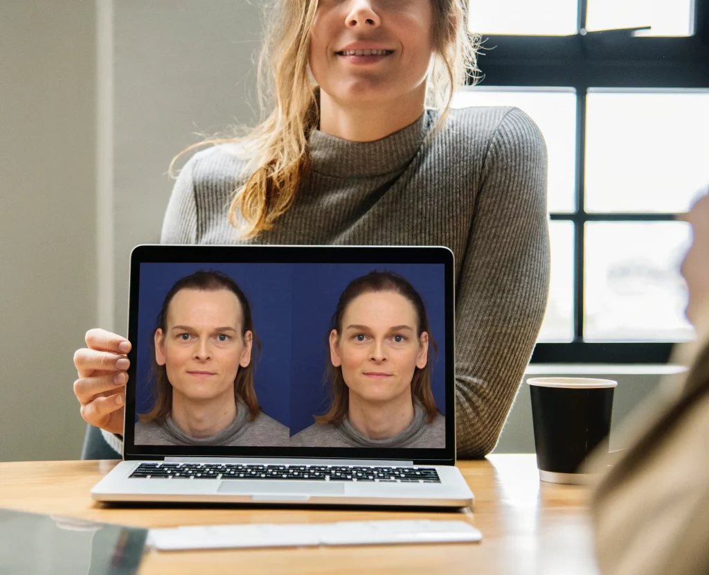 Mujer mostrando el antes y el después de la Cirugía de Feminización Facial Virtual