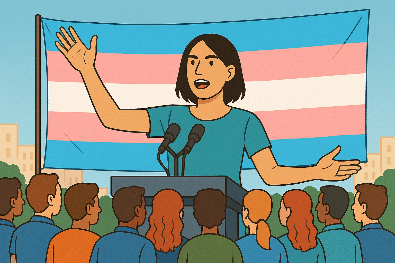 AI-generierte Illustration einer Transfrau, die eine Rede vor einer Gruppe von Menschen hält.